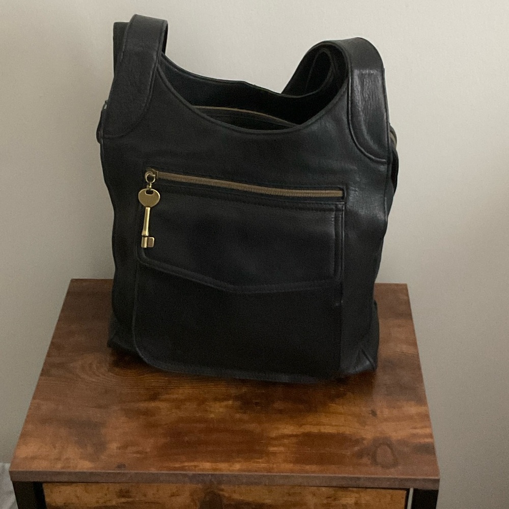 Fossil 1954 Black Leather Bag with Gold Zipper